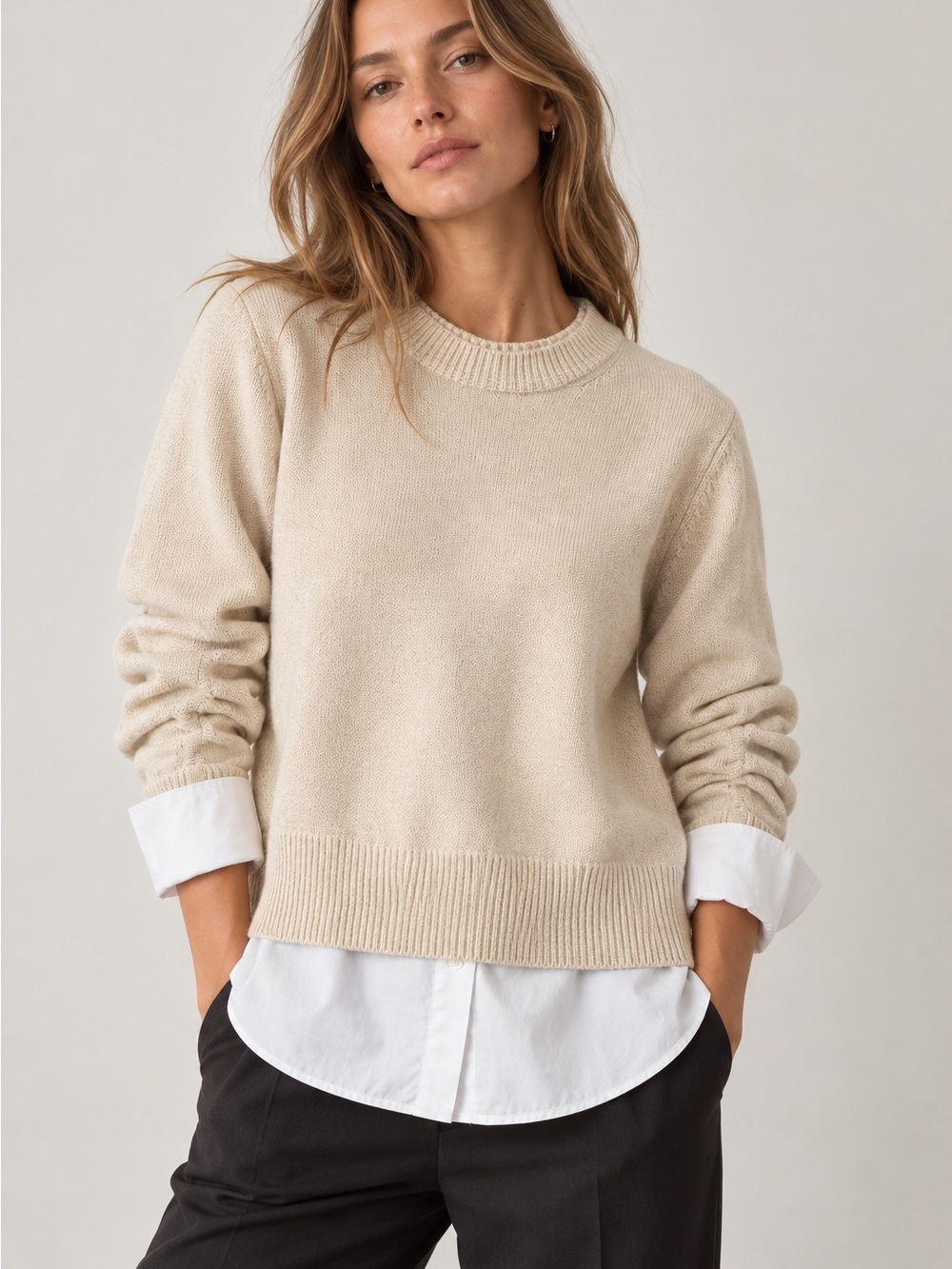 Brochu Walker Rays Ruched Crew Looker in Bisque & White Layered Preppy Neutral L
